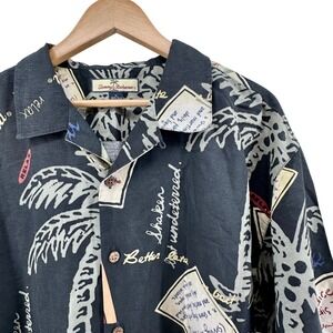 Tommy Bahama Mens XL Silk Shirt Black Postcard Palm Tree Swingers Club Hawaiian